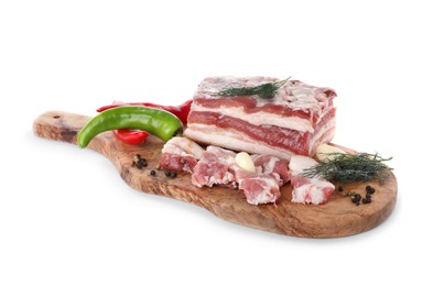 Photo of Pieces of pork fatback with chilli pepper and dill on white background