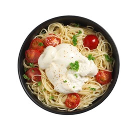 Delicious spaghetti with burrata cheese and tomatoes in bowl isolated on white, top view