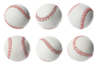 Set with traditional baseball balls on white background. Sportive equipment