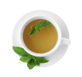 Cup with hot aromatic mint tea isolated on white, top view