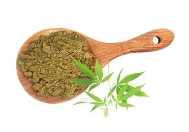 Photo of Wooden spoon with hemp protein powder and fresh leaves on white background, top view