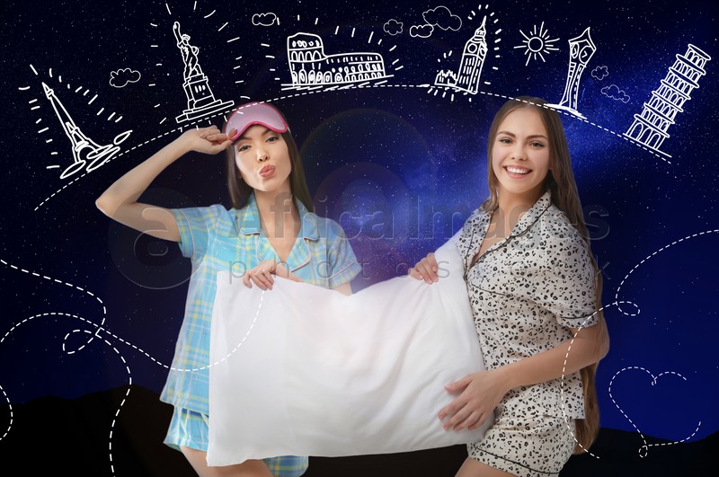 Beautiful women with pillow dreaming about travelling, night starry sky on background