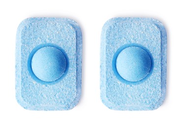 Image of Water softener tablets on white background, top view