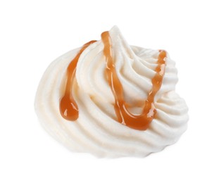 Photo of Delicious fresh whipped cream with caramel sauce isolated on white