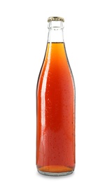 Photo of Glass bottle of delicious kvass isolated on white. Refreshing drink