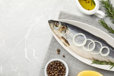 Delicious salted herring and ingredients on light grey table, flat lay. Space for text