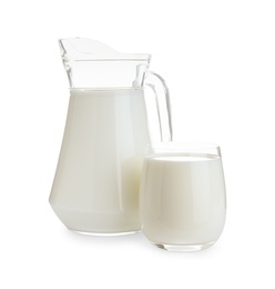 Jug and glass with fresh milk on white background