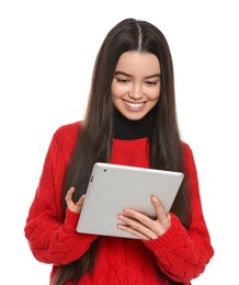 Photo of Teenage girl using tablet on white background