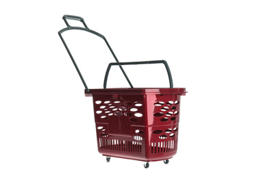 Photo of Red empty shopping basket isolated on white