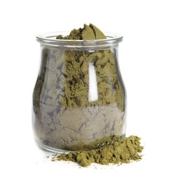 Jar with hemp protein powder on white background
