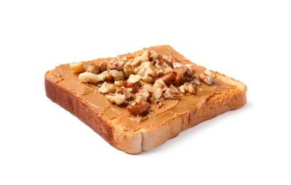 Delicious toast with peanut butter and crushed nuts isolated on white