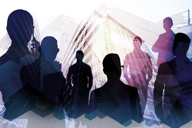 Double exposure of businesspeople and cityscape. Leadership concept