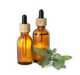 Bottles of essential oil and sage on white background