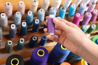Photo of Dressmaker taking violet thread from stand, closeup