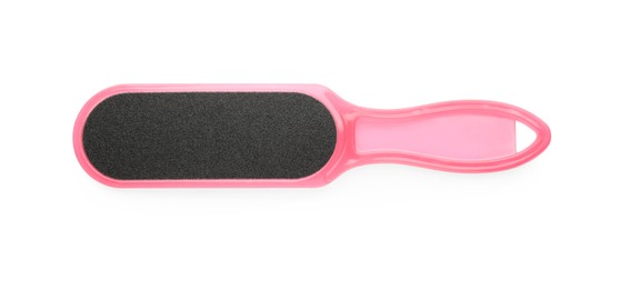Pink foot file on white background, top view. Pedicure tool