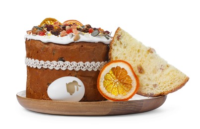 Photo of Traditional Easter cake with dried fruits and decorated egg on white background
