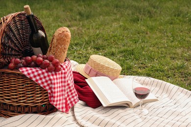 Picnic blanket with wicker basket, wine, food, sweater, straw hat, glass and book on green grass