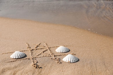 Playing Tic tac toe game with shells on sand near sea. Space for text