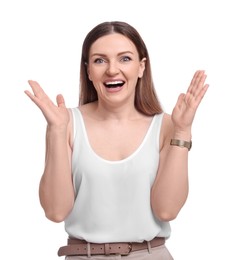 Photo of Beautiful happy businesswoman posing on white background