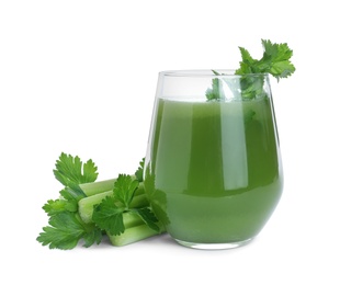 Photo of Glass of fresh juice and celery on white background