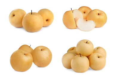 Set with fresh ripe apple pears on white background 