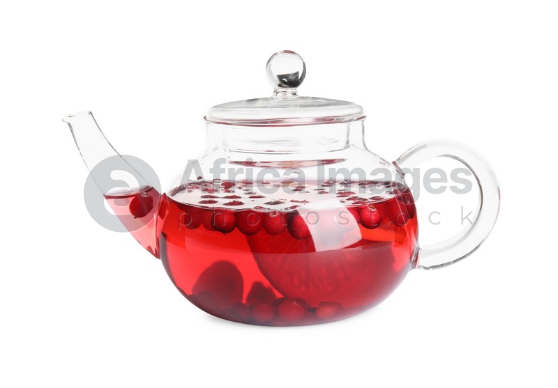 Photo of Tasty hot cranberry tea with lemon in teapot isolated on white