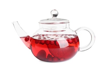 Tasty hot cranberry tea with lemon in teapot isolated on white