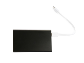 Modern external portable charger with cable isolated on white, top view