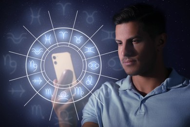 Man with smartphone reading daily horoscope on dark background