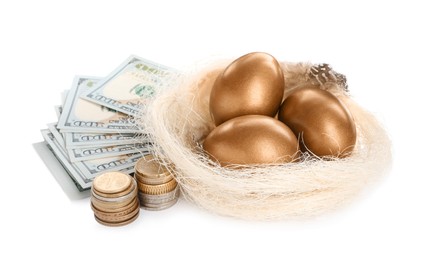 Many golden eggs in nest and money on white background. Pension concept