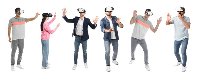 People using virtual reality headset on white background, collage. Banner design