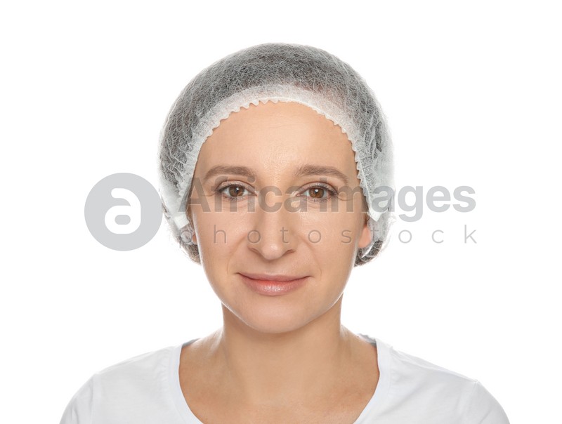 Portrait of mature woman preparing for cosmetic surgery on white background