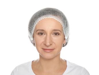 Portrait of mature woman preparing for cosmetic surgery on white background