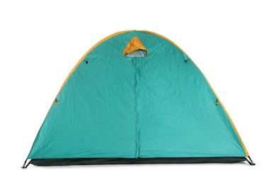 Bright turquoise camping tent on white background