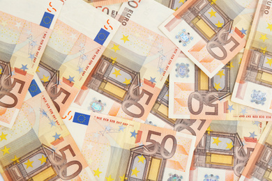 Euro banknotes as background, top view. Money and finance
