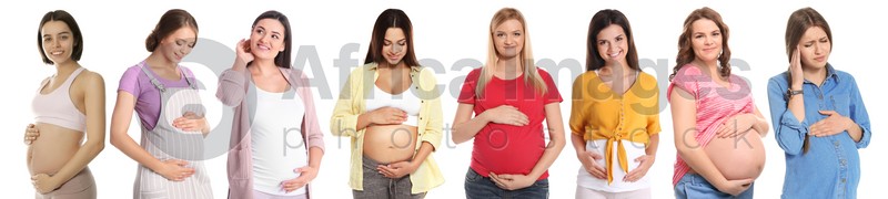 Collage with photos of pregnant women on white background. Banner design