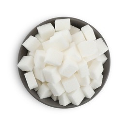 Bowl with cubes of refined sugar isolated on white, top view