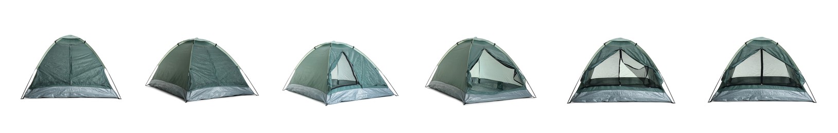 Dark green camping tents on white background, collage. Banner design