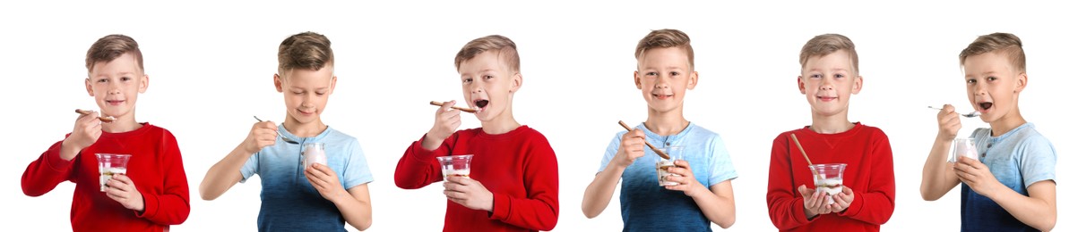 Collage with photos of cute little boy with tasty yogurt on white background. Banner design