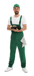 Full length portrait of professional auto mechanic with clipboard and rag on white background