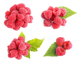 Set with delicious ripe raspberries on white background