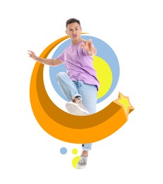 Happy young man dancing on white background. Bright stylish design