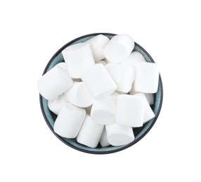Delicious puffy marshmallows in bowl on white background, top view