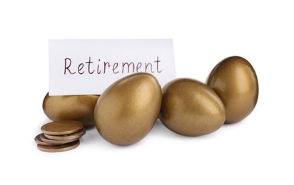 Many golden eggs, coins and card with word Retirement on white background. Pension concept