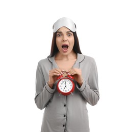 Emotional overslept woman with alarm clock on white background. Being late concept