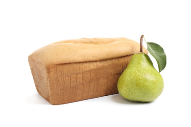 Tasty bread and pear isolated on white. Homemade cake