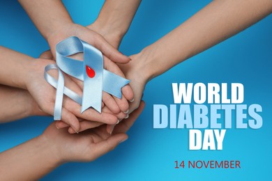 World Diabetes Day. People holding light blue ribbons with paper blood drop on color background, top view 