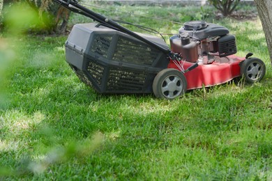 Photo of Modern garden lawn mower cutting green grass outdoors