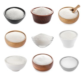 Set with granulated sugar on white background