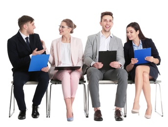 Photo of Group of people waiting for job interview on white background